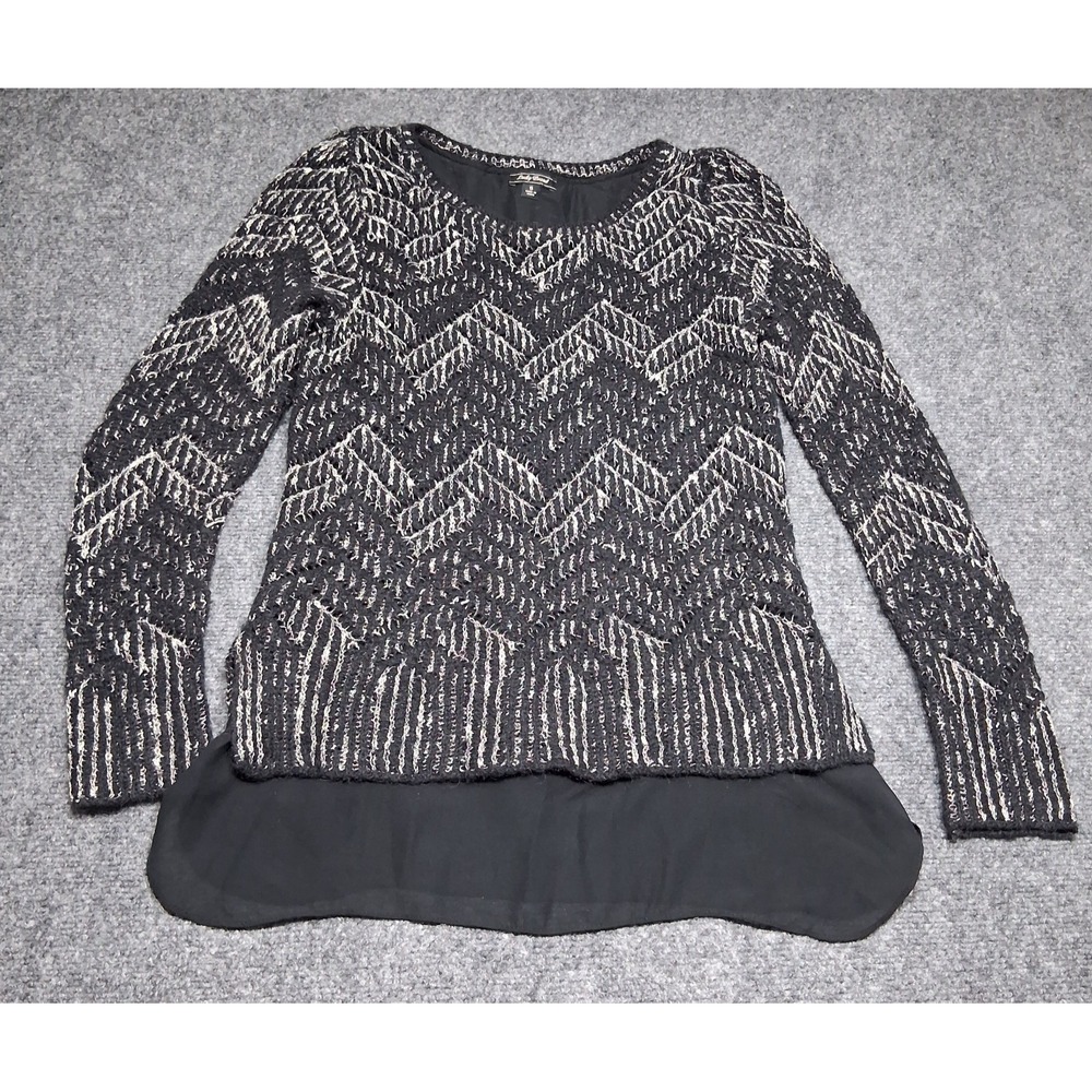 Lucky Brand Sweater Women's Small Black Knit‎ Chevron Round Neck Sleeve Pullover